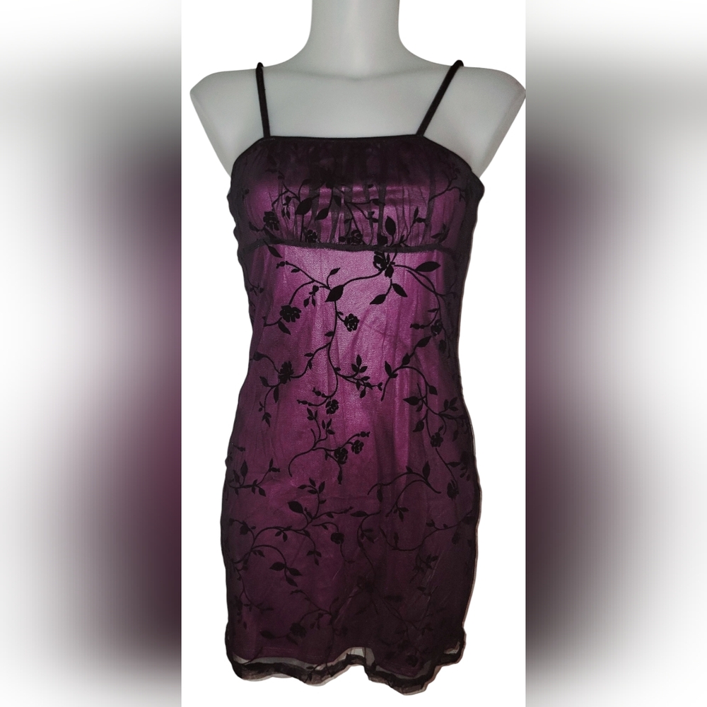 Vtg Y2K Purple Floral Mesh Velvet Burnout Whimsigoth Witchy Babydoll Slip Dress